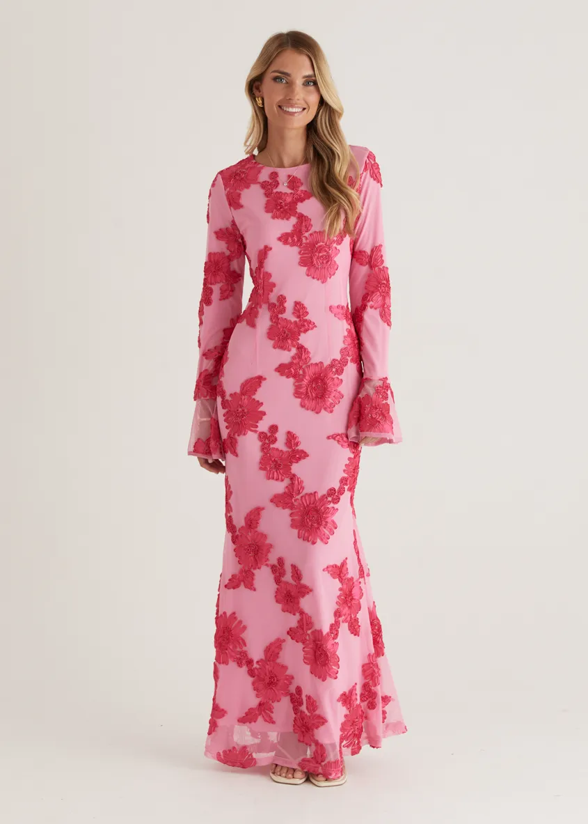 Kya Mesh Maxi Dress - Pink Embroidered