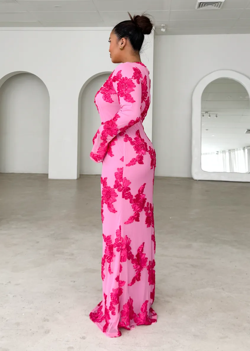 Kya Mesh Maxi Dress - Pink Embroidered
