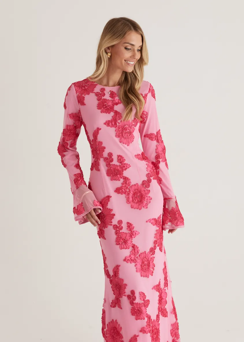 Kya Mesh Maxi Dress - Pink Embroidered