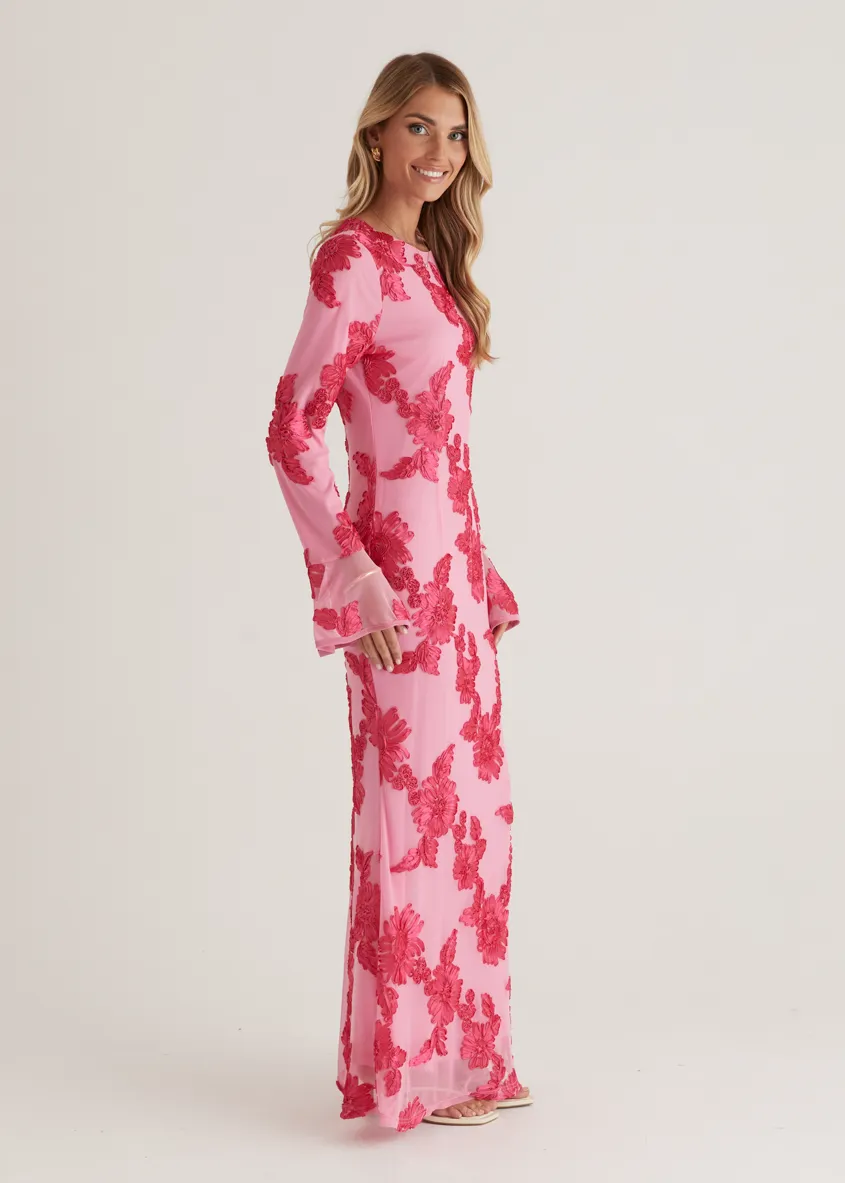 Kya Mesh Maxi Dress - Pink Embroidered