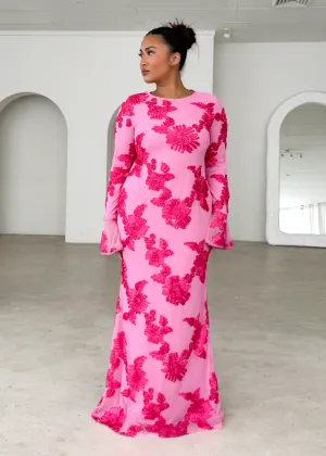 Kya Mesh Maxi Dress - Pink Embroidered