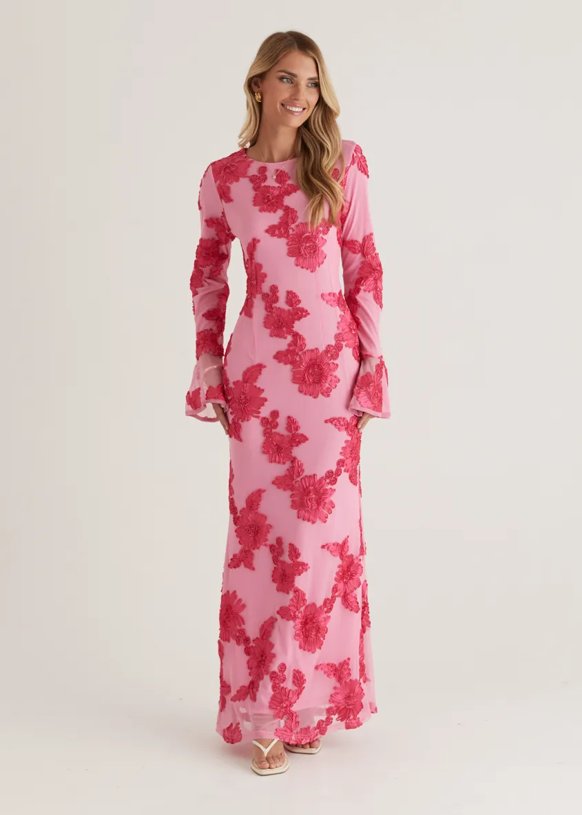 Kya Mesh Maxi Dress - Pink Embroidered