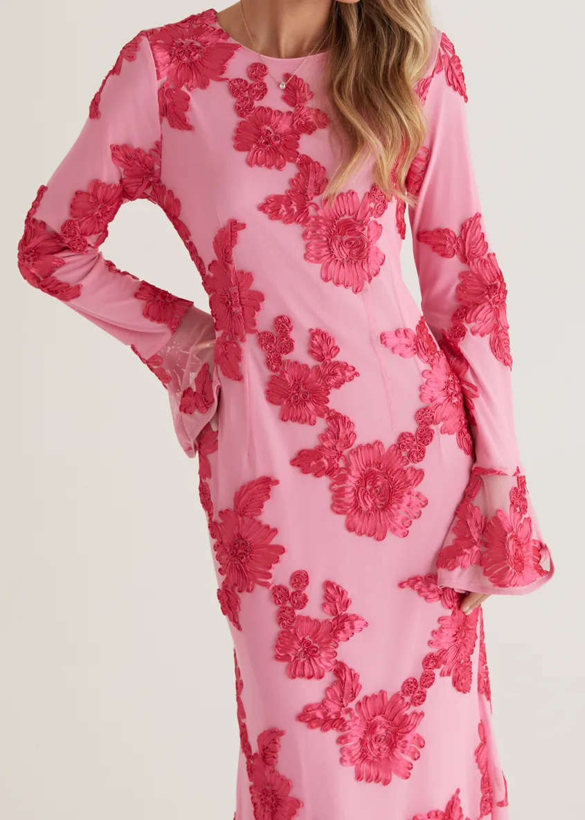 Kya Mesh Maxi Dress - Pink Embroidered