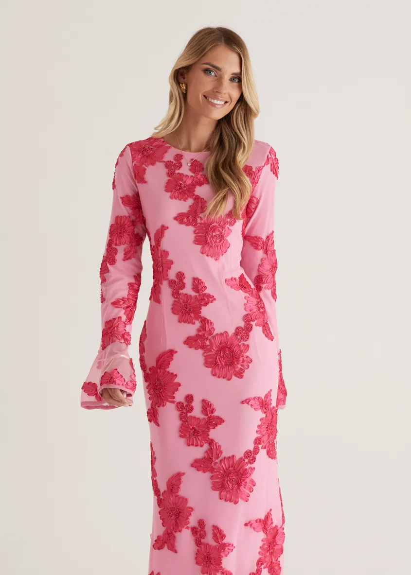 Kya Mesh Maxi Dress - Pink Embroidered