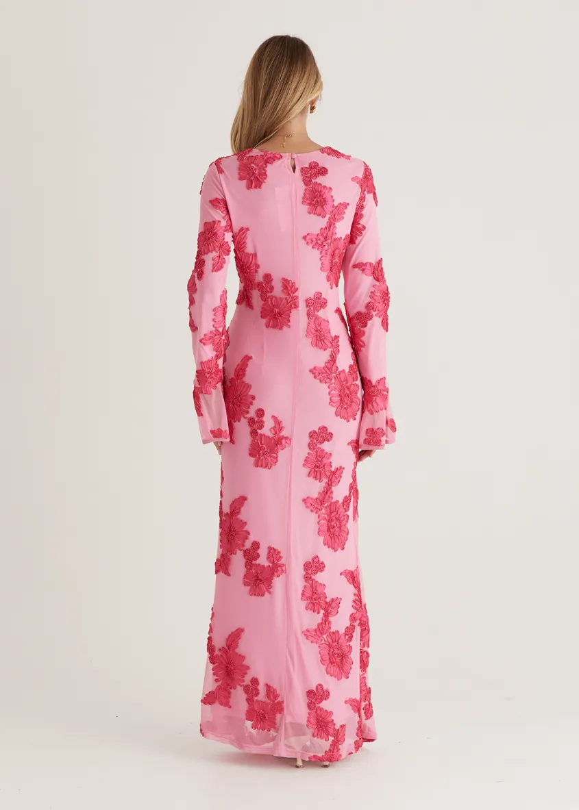 Kya Mesh Maxi Dress - Pink Embroidered