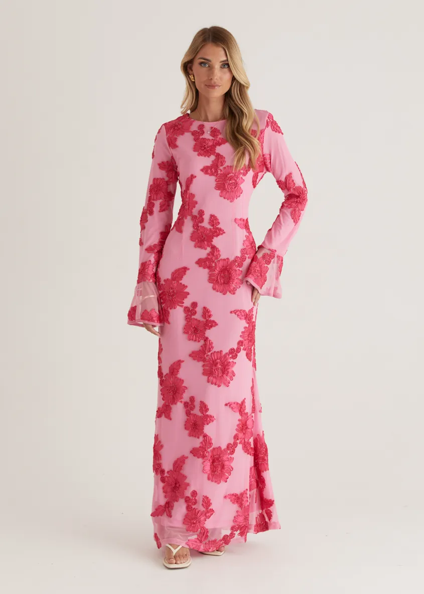 Kya Mesh Maxi Dress - Pink Embroidered