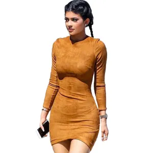 Kylie Jenner Style Faux Suede Party Dress Long Sleeve Tunic