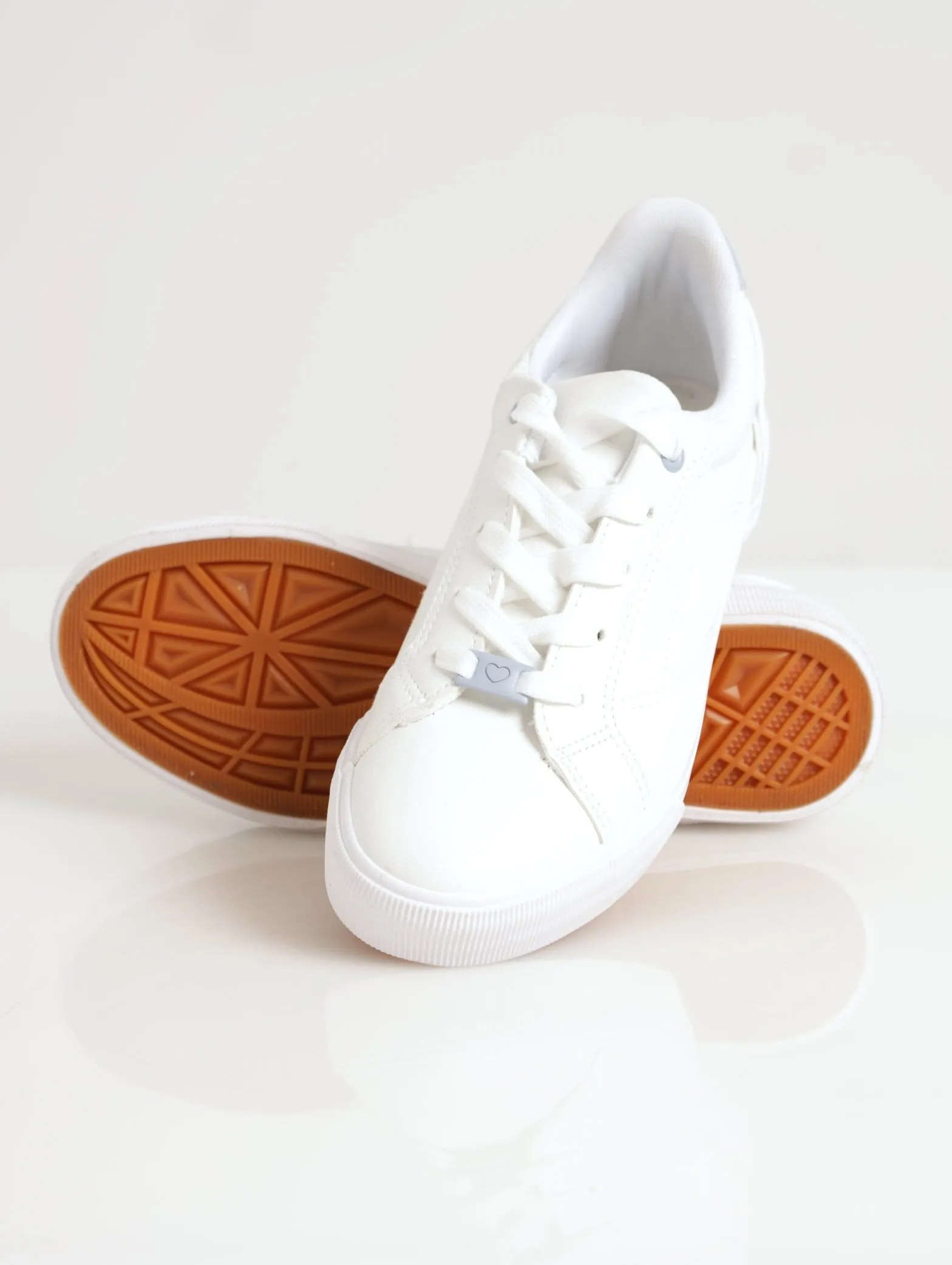 Ladies Matching Colour Sole And Metal Lace Trim Sneaker - White