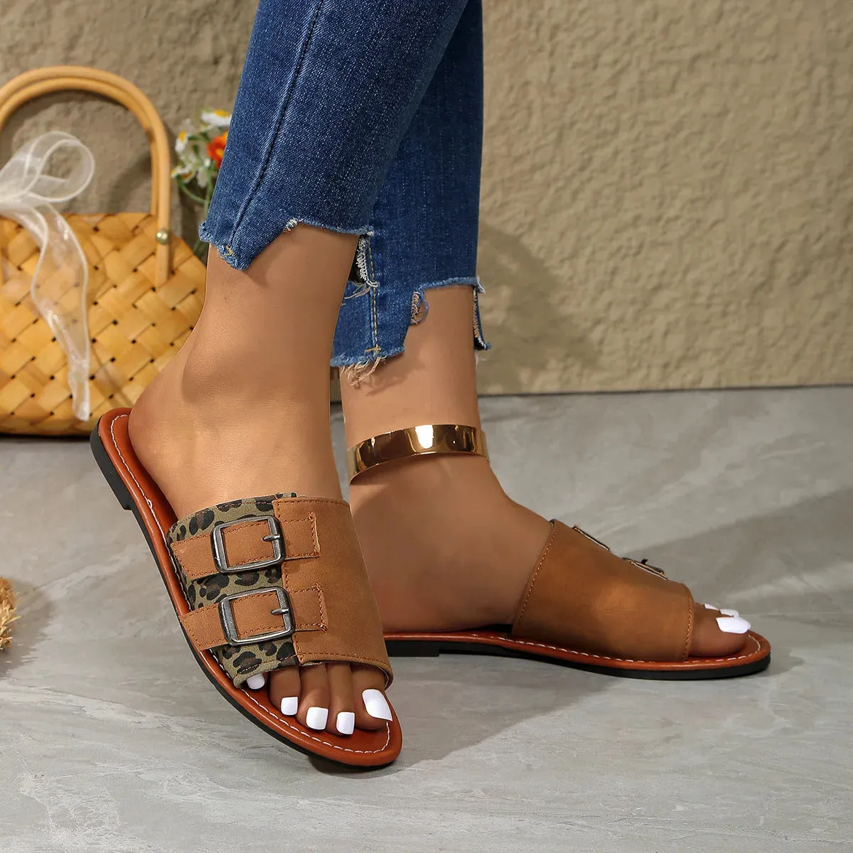 Leopard Open Toe Flat Sandals