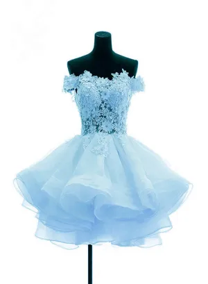 Light Blue Organza with Flower and Lace Short Party Dress, Blue Homecoming Dress