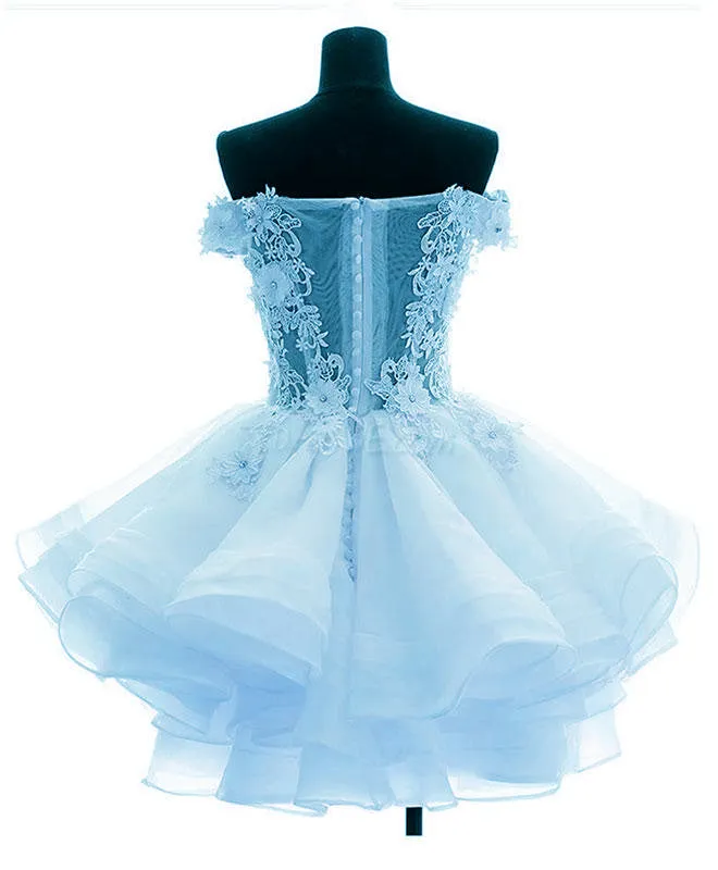 Light Blue Organza with Flower and Lace Short Party Dress, Blue Homecoming Dress