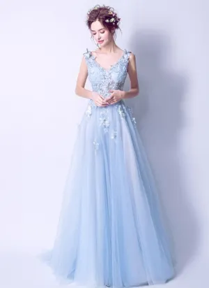 Light Blue Tulle Beaded Flowers V-neckline Prom Dress, Long Blue Party Dress Evening Dress