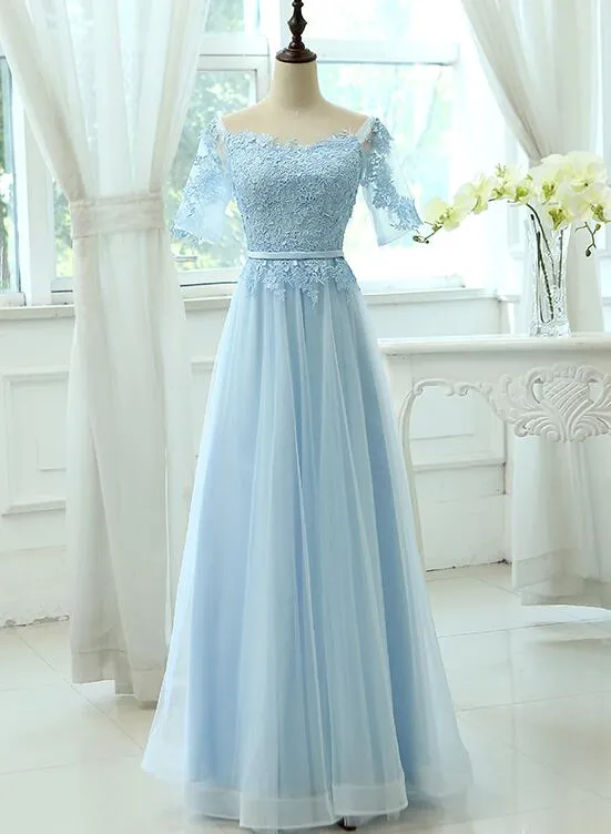 Light Blue Tulle Long Party Dress with Sleeves, Lace A-line Blue Bridesmaid Dress