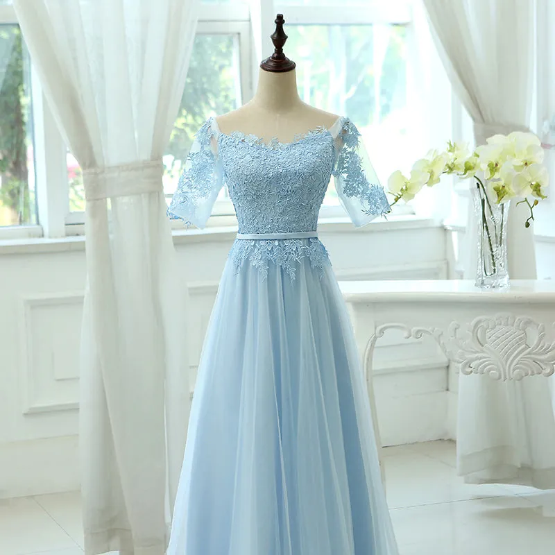 Light Blue Tulle Long Party Dress with Sleeves, Lace A-line Blue Bridesmaid Dress