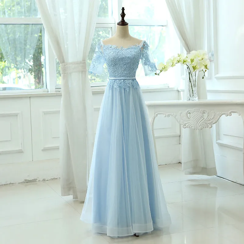 Light Blue Tulle Long Party Dress with Sleeves, Lace A-line Blue Bridesmaid Dress