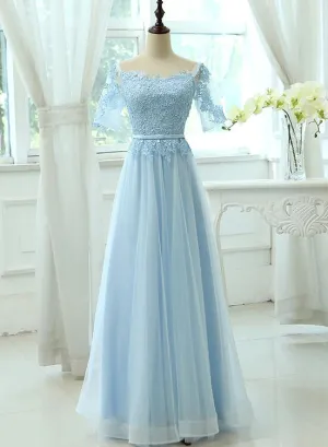 Light Blue Tulle Long Party Dress with Sleeves, Lace A-line Blue Bridesmaid Dress