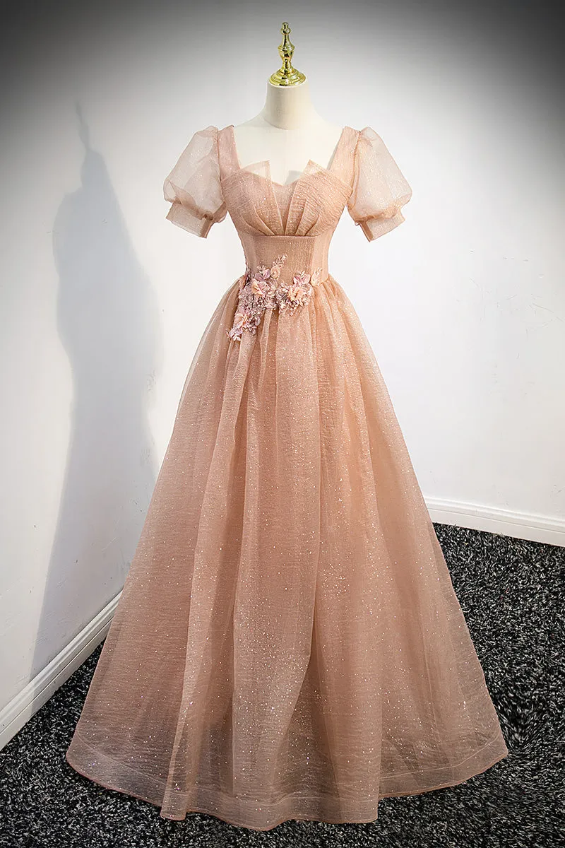 Light Blue Tulle Short Sleeves A-line Long Party Dresses, Blue Evening Dresses Formal Dresses
