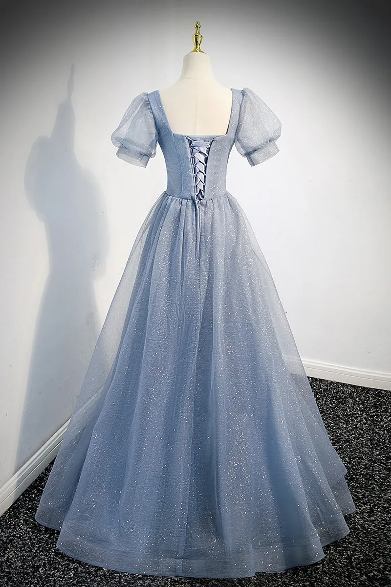Light Blue Tulle Short Sleeves A-line Long Party Dresses, Blue Evening Dresses Formal Dresses