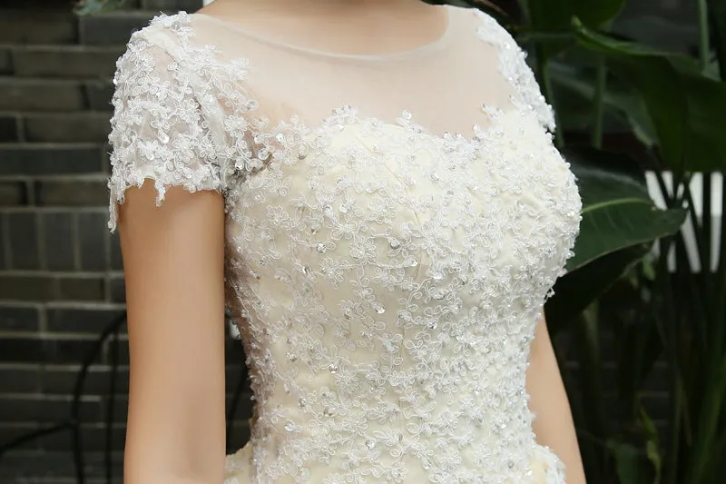 Light Champagne Tulle Short Party Dress, Lace Applique with Beadings Homecoming Dress