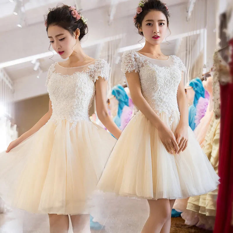 Light Champagne Tulle Short Party Dress, Lace Applique with Beadings Homecoming Dress