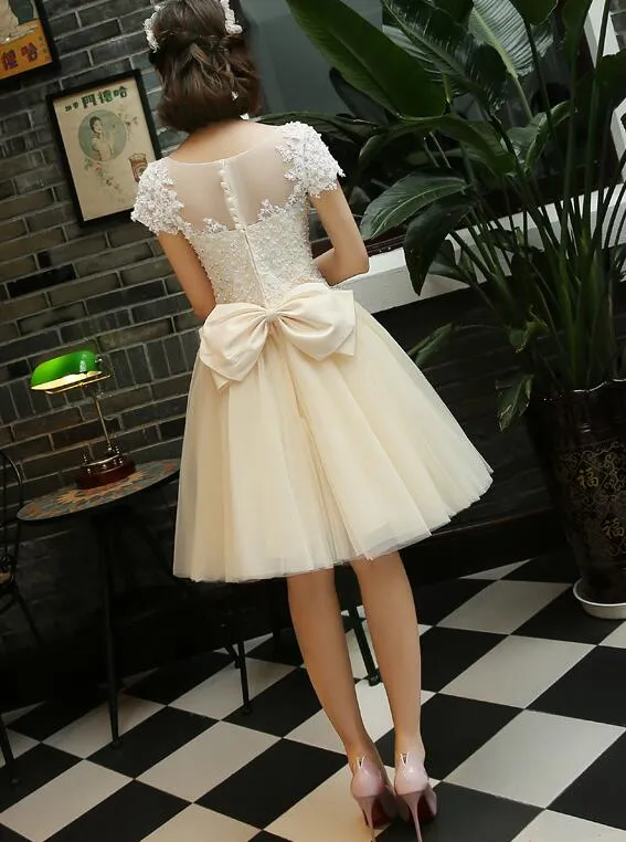 Light Champagne Tulle Short Party Dress, Lace Applique with Beadings Homecoming Dress