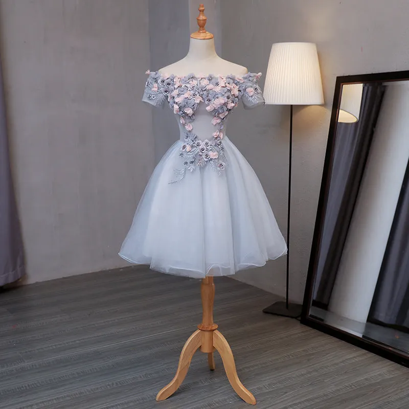 Light Grey Tulle Short Prom Dress with Flowers, Grey Homecoming Dress Graduation Dress