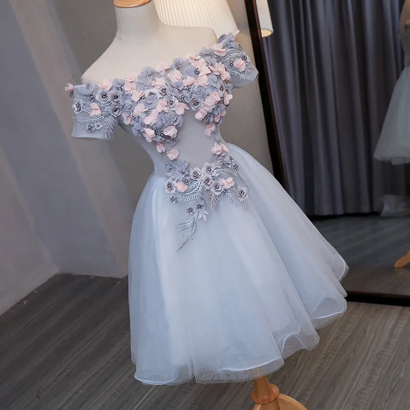 Light Grey Tulle Short Prom Dress with Flowers, Grey Homecoming Dress Graduation Dress