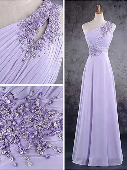 Light Purple One Shoulder Lace Applique Chiffon Party Dress, A-line Bridesmaid Dress