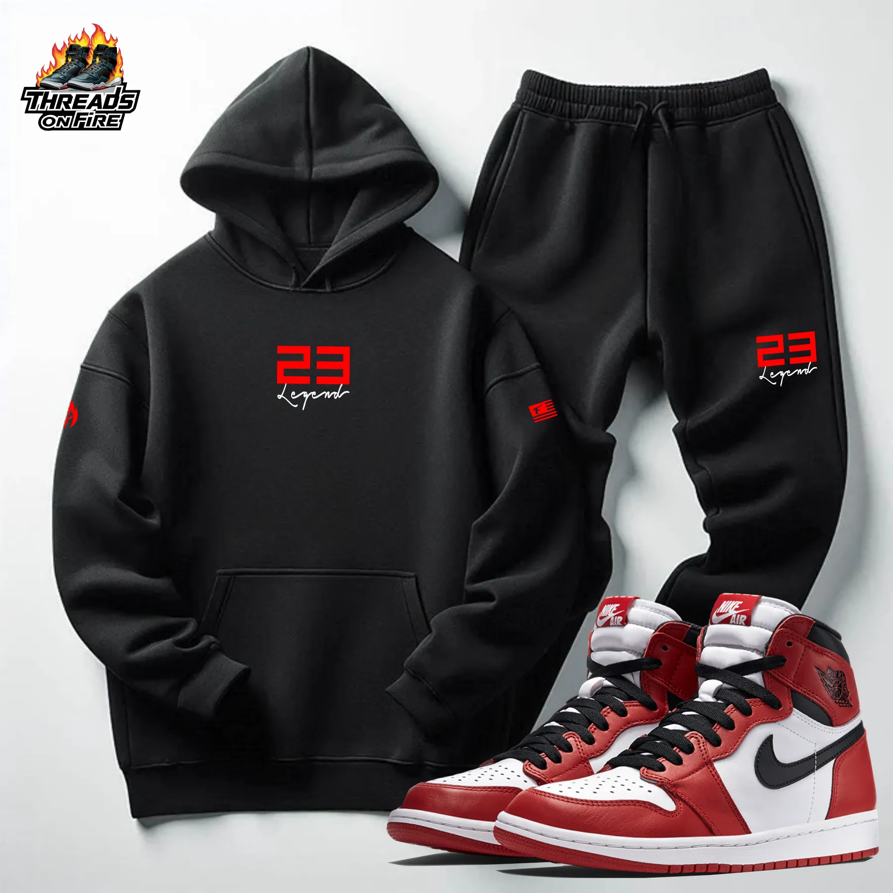 Men's 23 Legend Black Red Hoodie Joggers Sweatsuit Set To Match Air Jordan Retro 1 Chicago