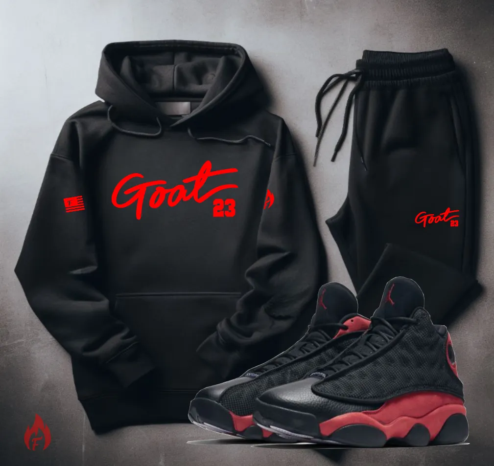 Men's "GOAT 23" Sneaker Sweatsuit Black and Red To Match Air Jordan 13 Retro Bred Hoodie Joggers Set