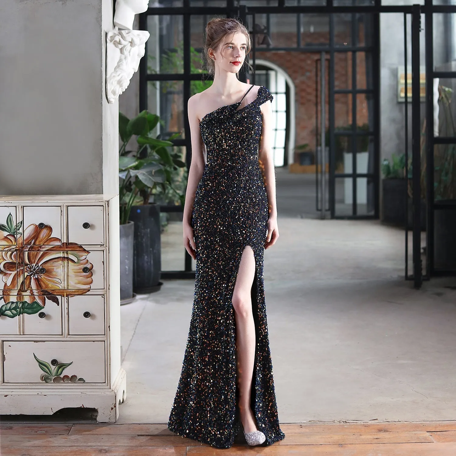 Mile one-shoulder bright Charming sequined formal dress