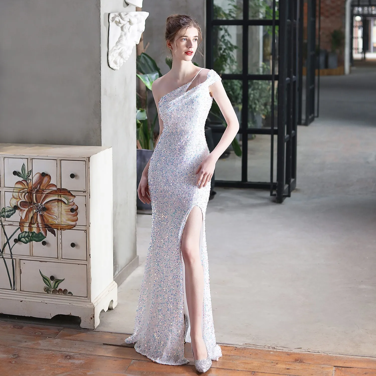 Mile one-shoulder bright Charming sequined formal dress