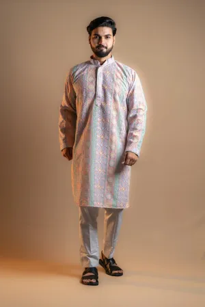 Neutral Multi-colored Patterned Kurta Pajama Set