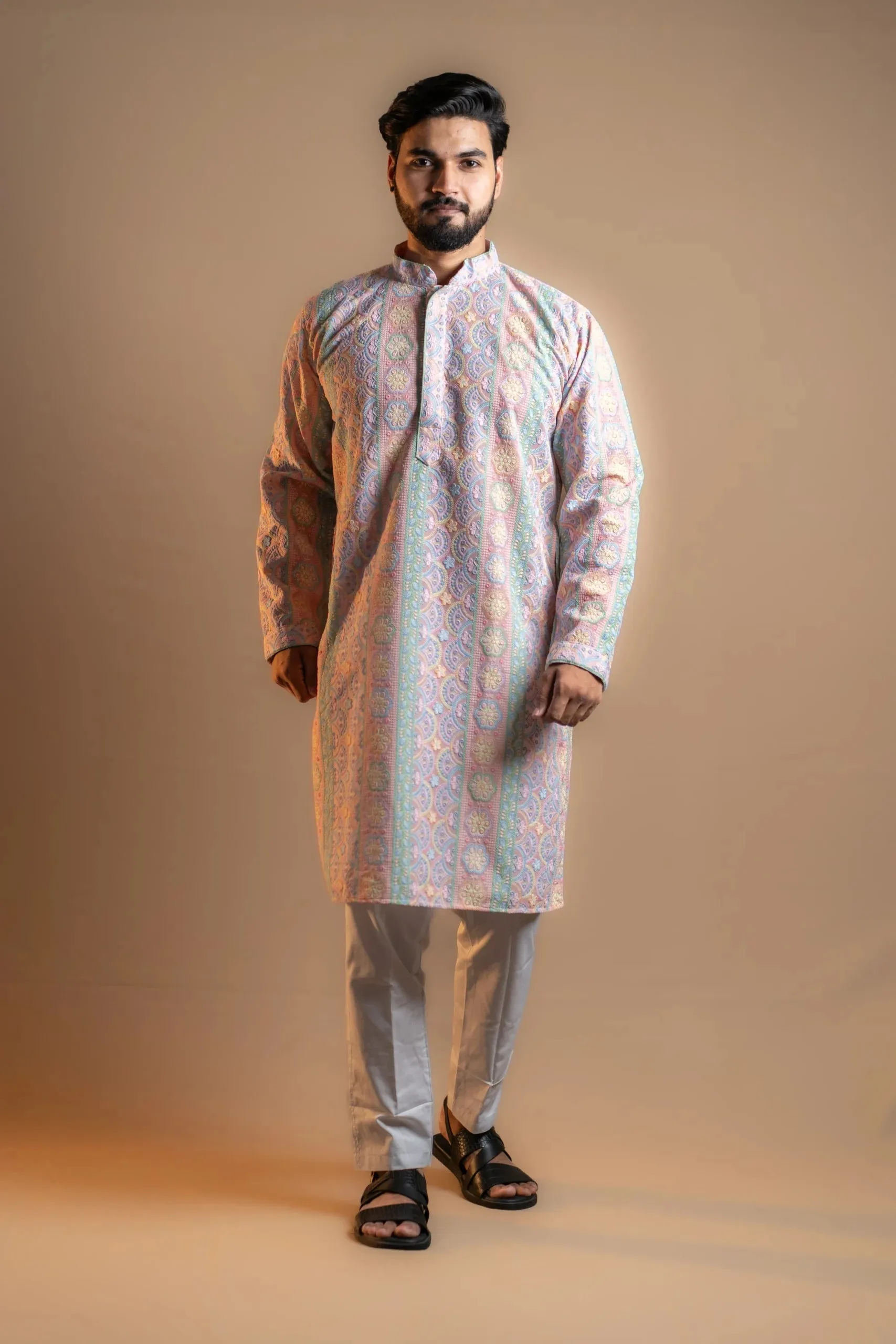 Neutral Multi-colored Patterned Kurta Pajama Set