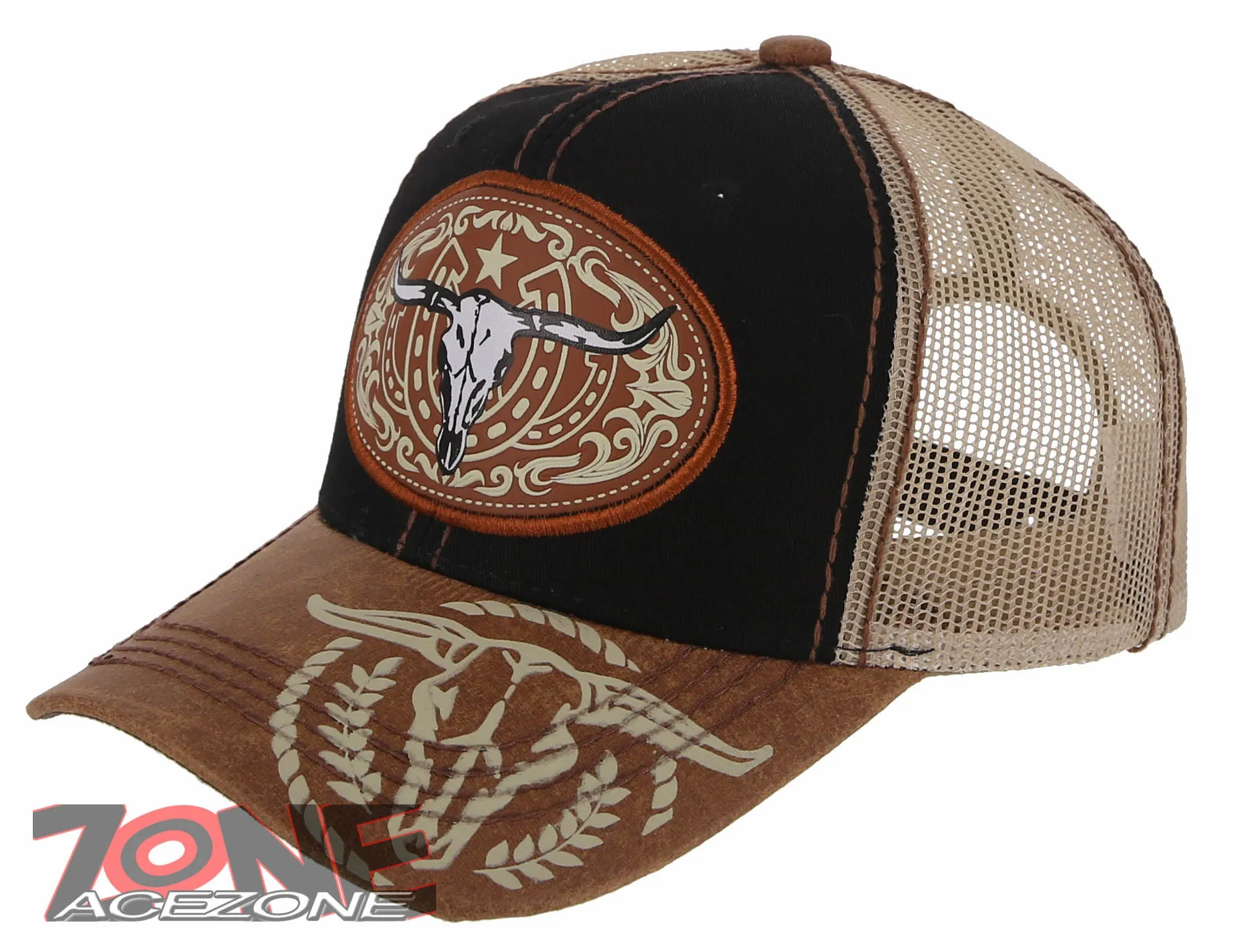 NEW! COW SKULL BULL HEAD RODEO HORSE SHOE STAR TRUCKER BALL CAP HAT BLACK TAN