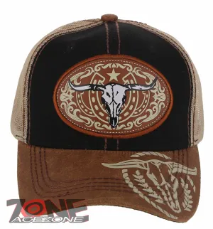 NEW! COW SKULL BULL HEAD RODEO HORSE SHOE STAR TRUCKER BALL CAP HAT BLACK TAN