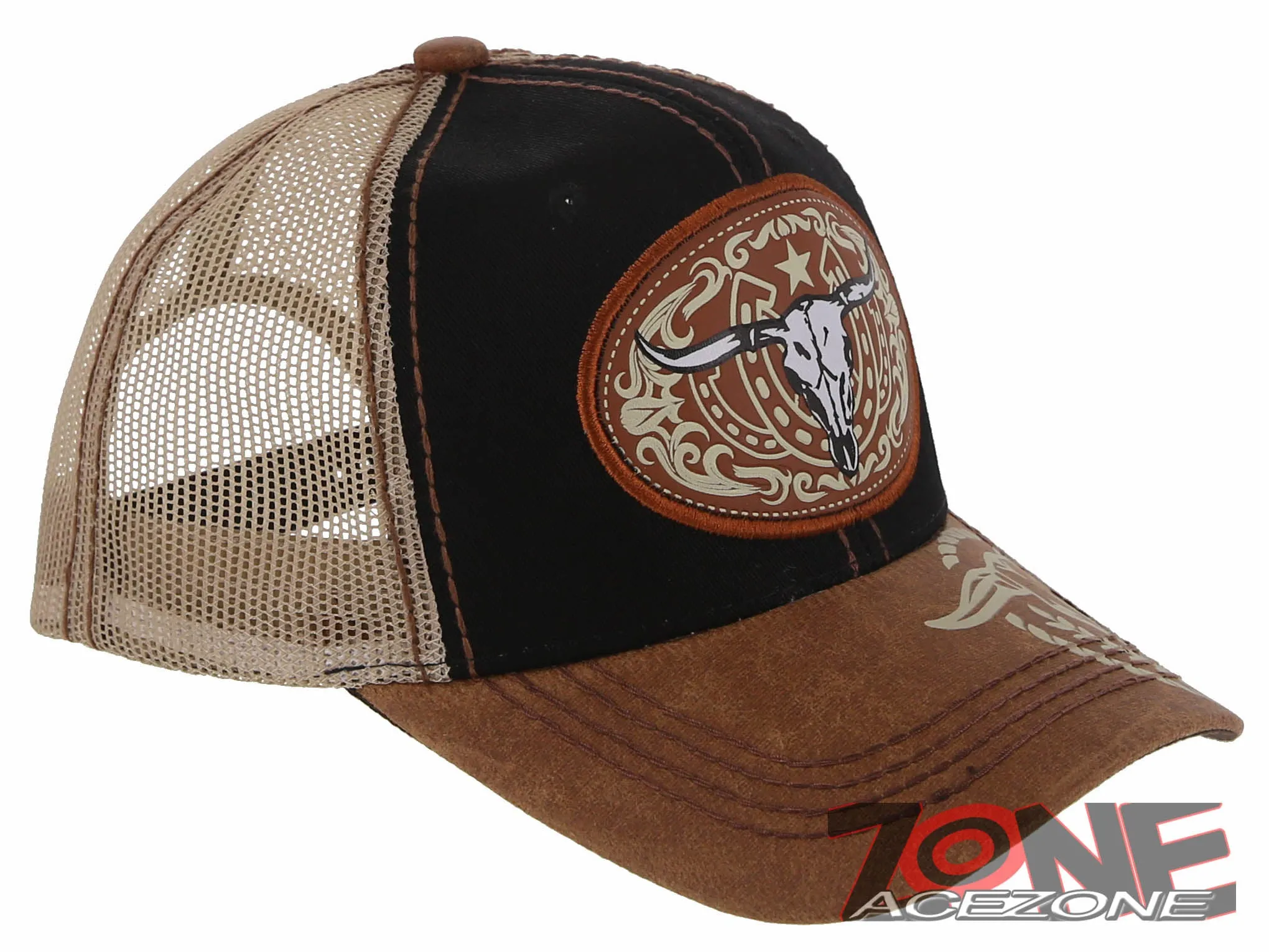 NEW! COW SKULL BULL HEAD RODEO HORSE SHOE STAR TRUCKER BALL CAP HAT BLACK TAN