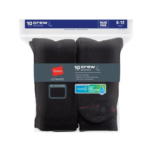 New Hanes Ultimate® Men's Cushion Crew Socks 10-Pack, Black, shoe size 6-12