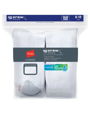 New Hanes Ultimate® Men's Cushion Crew Socks 10-Pack, White, shoe size 6-12