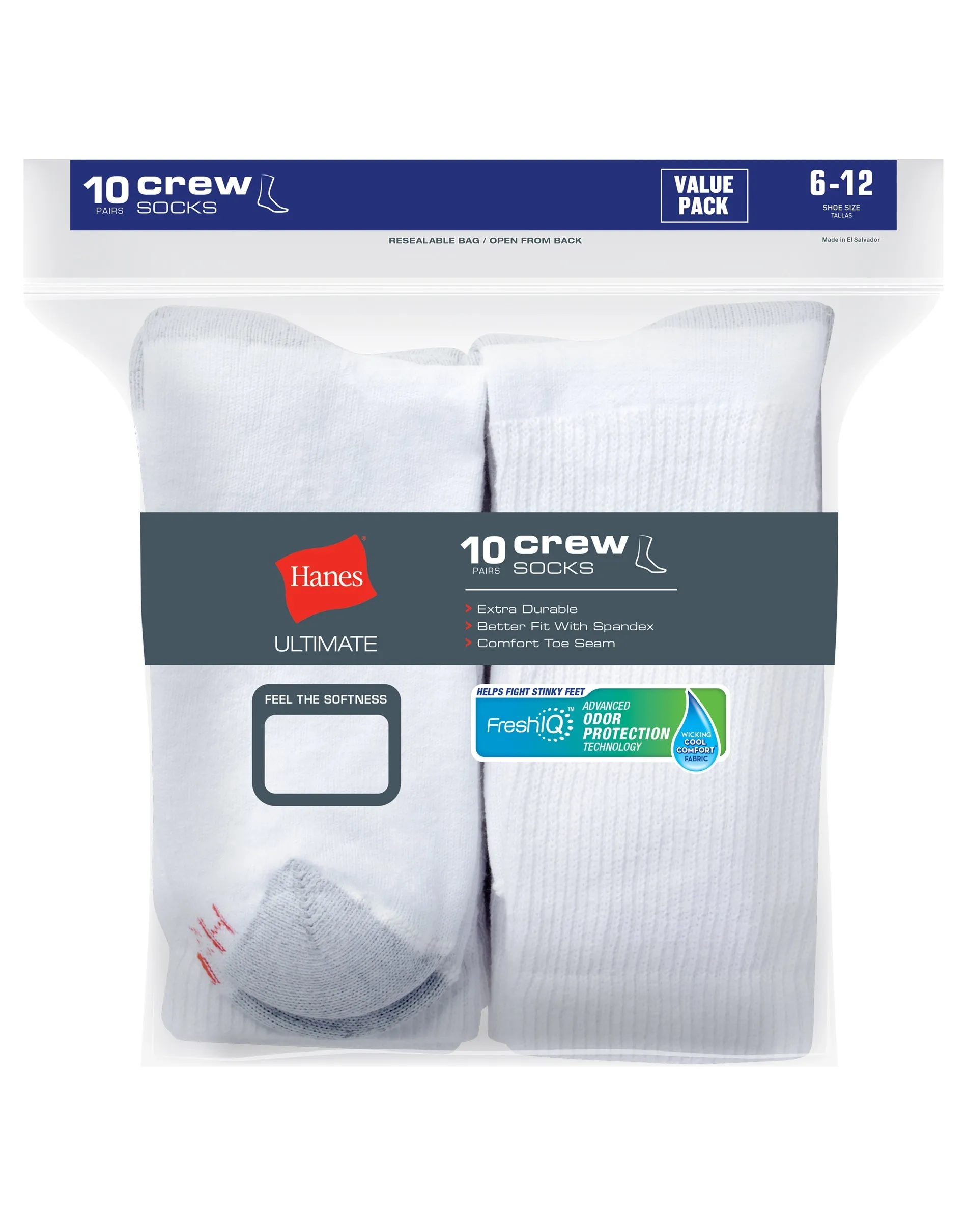 New Hanes Ultimate® Men's Cushion Crew Socks 10-Pack, White, shoe size 6-12