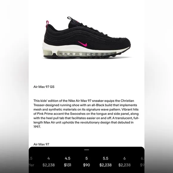 Nike Air Max 97 GS Youth Size 5Y/Women’s Size 6.5