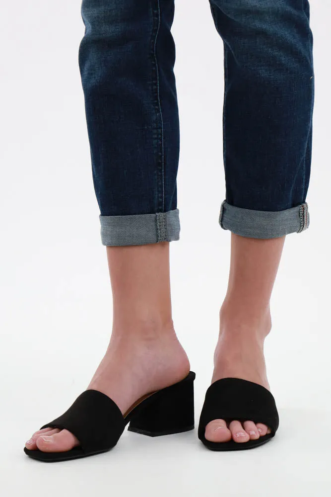 Open Toe Chunky Block Heel Wide Band Sandal -Black