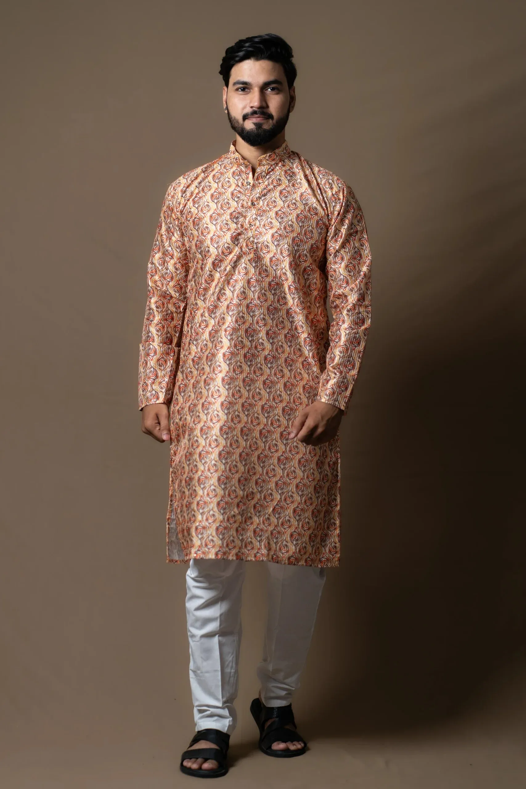 Orange Cream Kurta Set with Subtle patterns