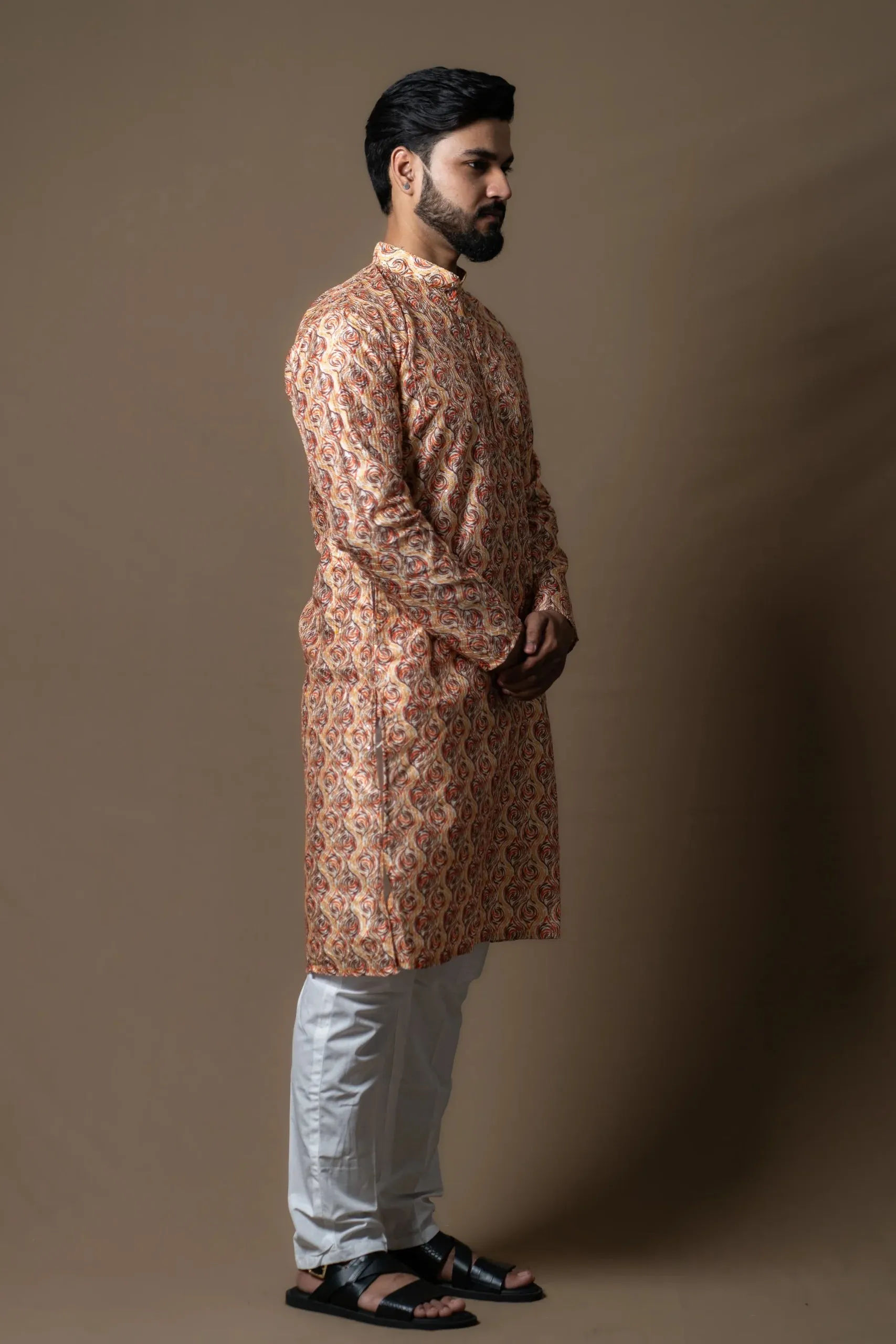 Orange Cream Kurta Set with Subtle patterns