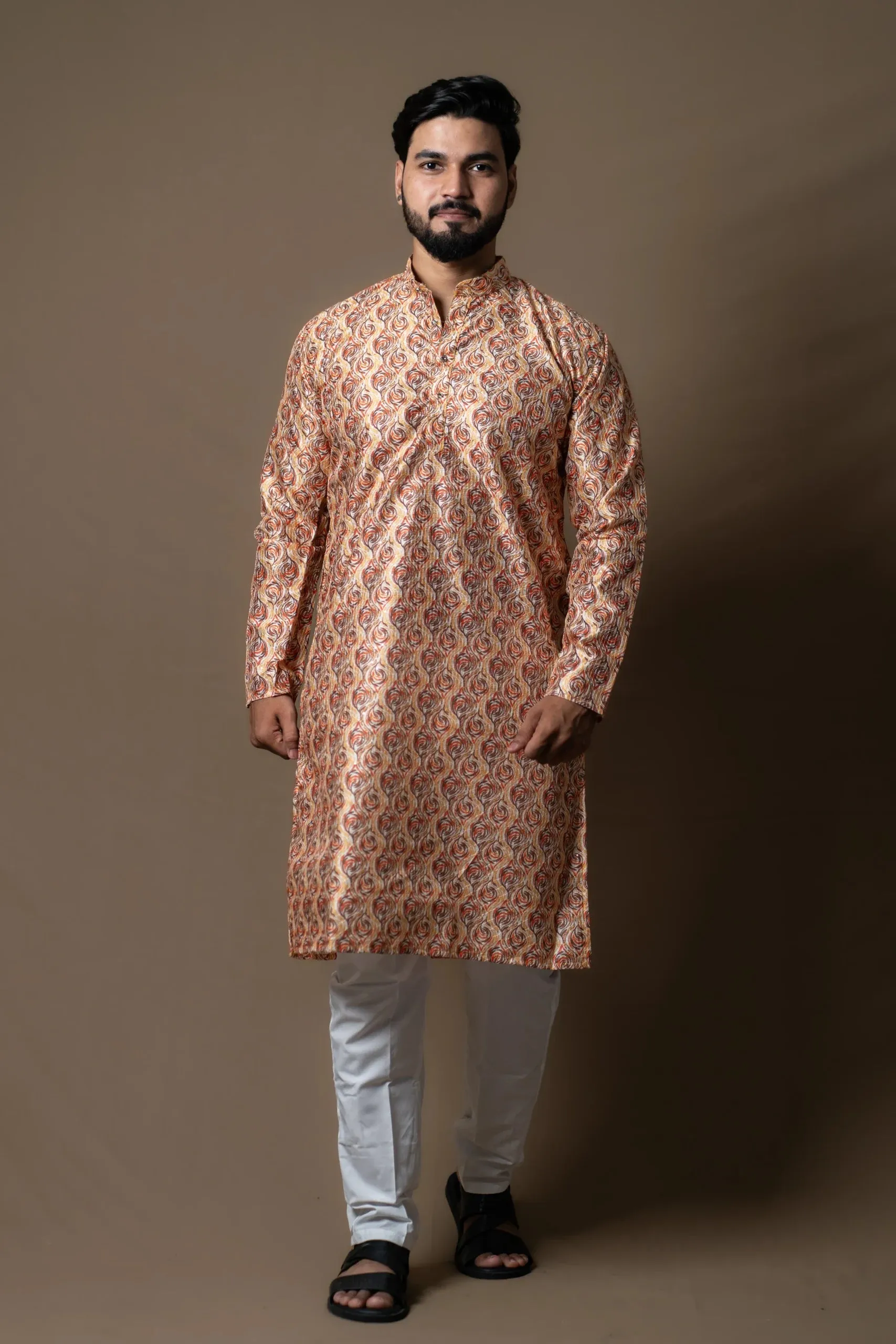 Orange Cream Kurta Set with Subtle patterns
