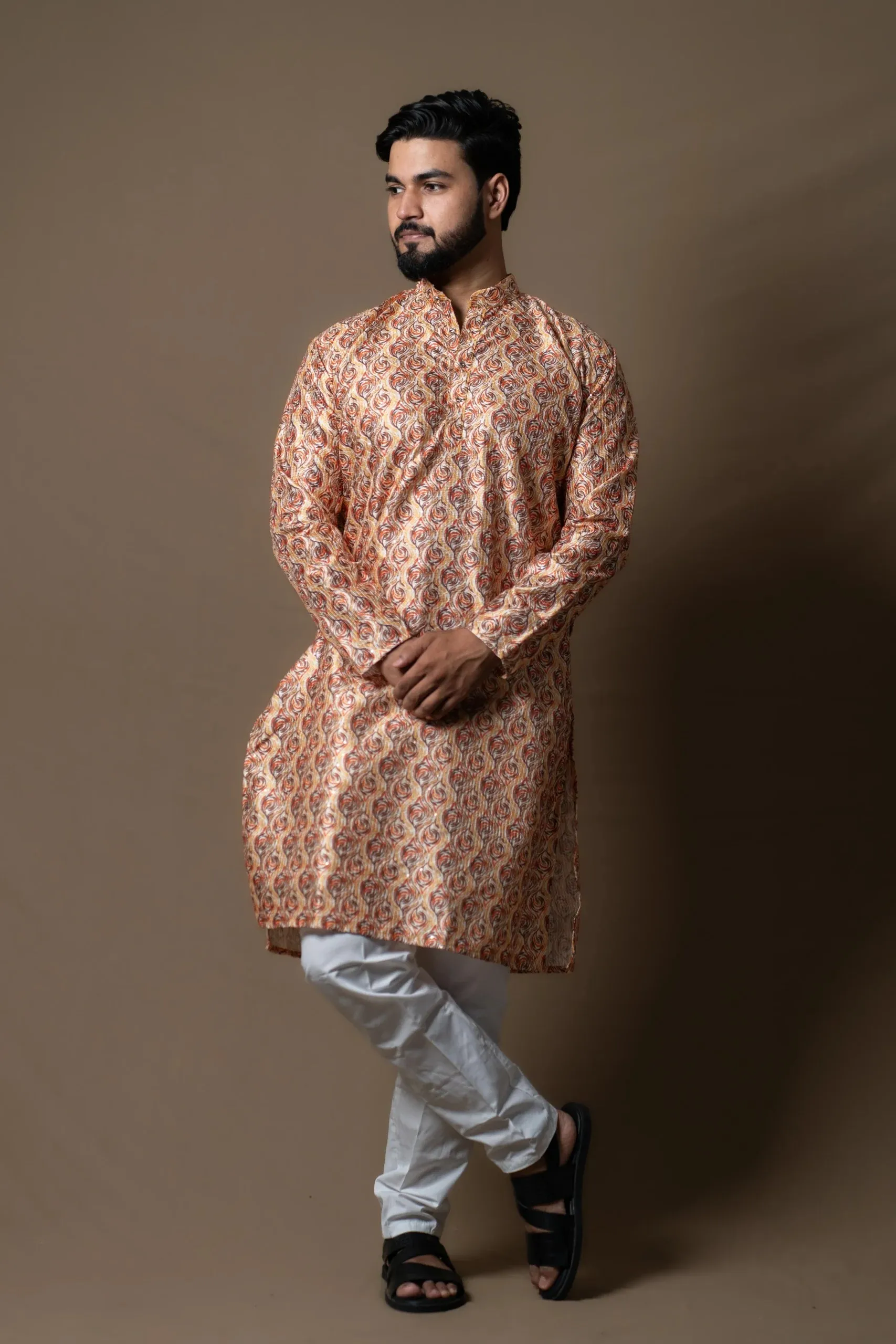 Orange Cream Kurta Set with Subtle patterns
