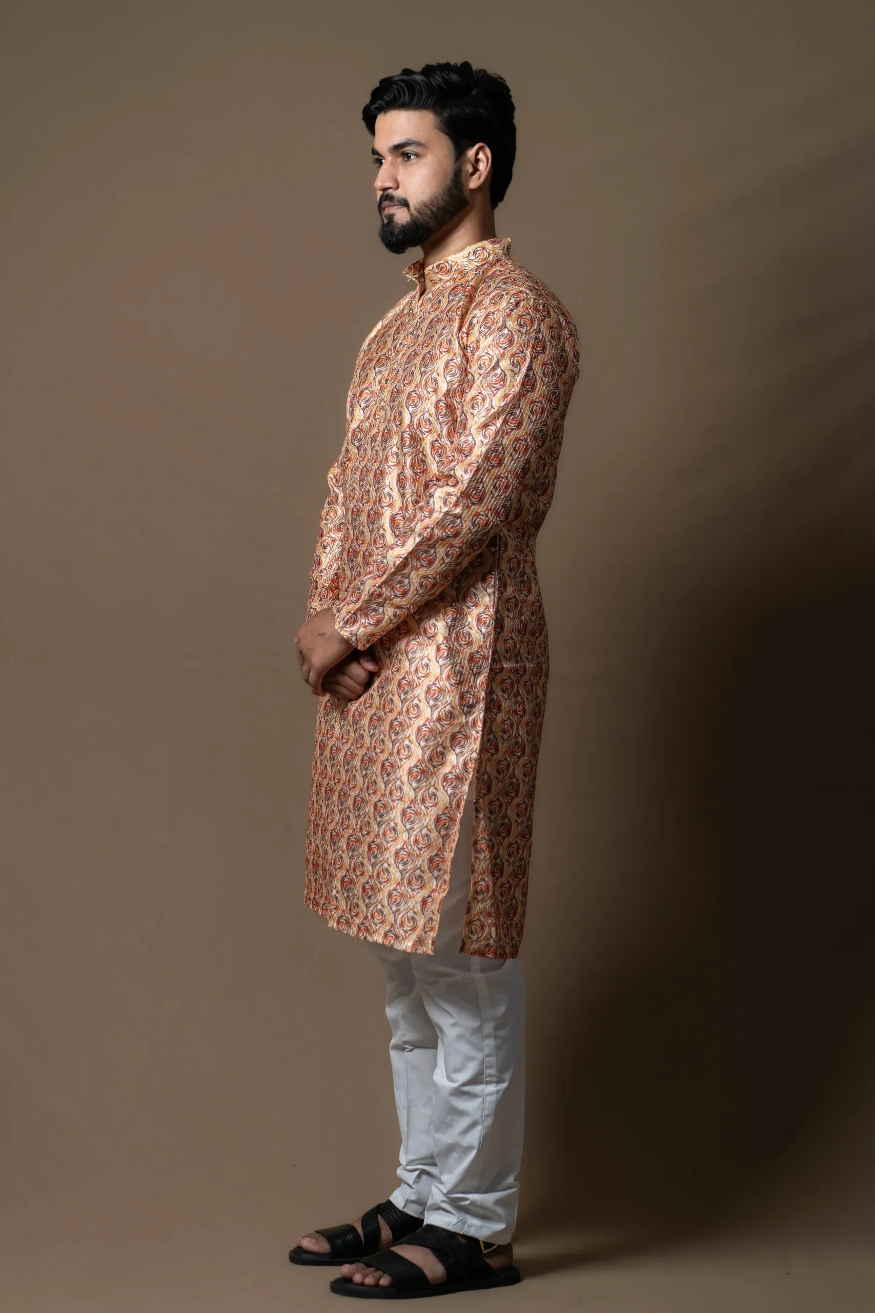 Orange Cream Kurta Set with Subtle patterns