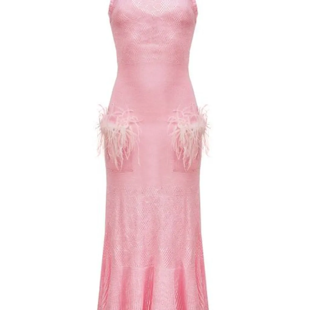 Pink Knit Dress with Feathers Details