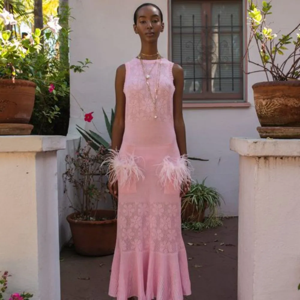 Pink Knit Dress with Feathers Details