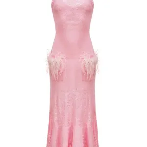 Pink Knit Dress with Feathers Details